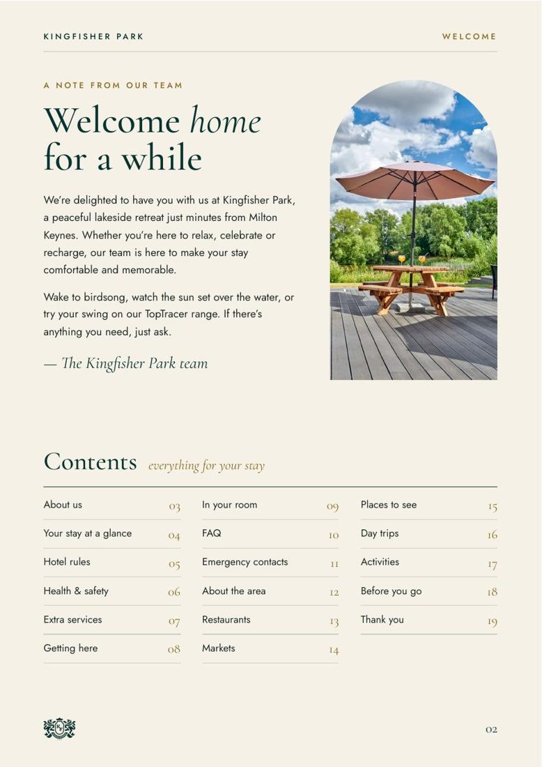 Kingfisher Park guest guide: Welcome and contents