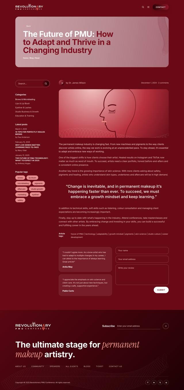Revolutionary PMU Conference website: Blog article page design